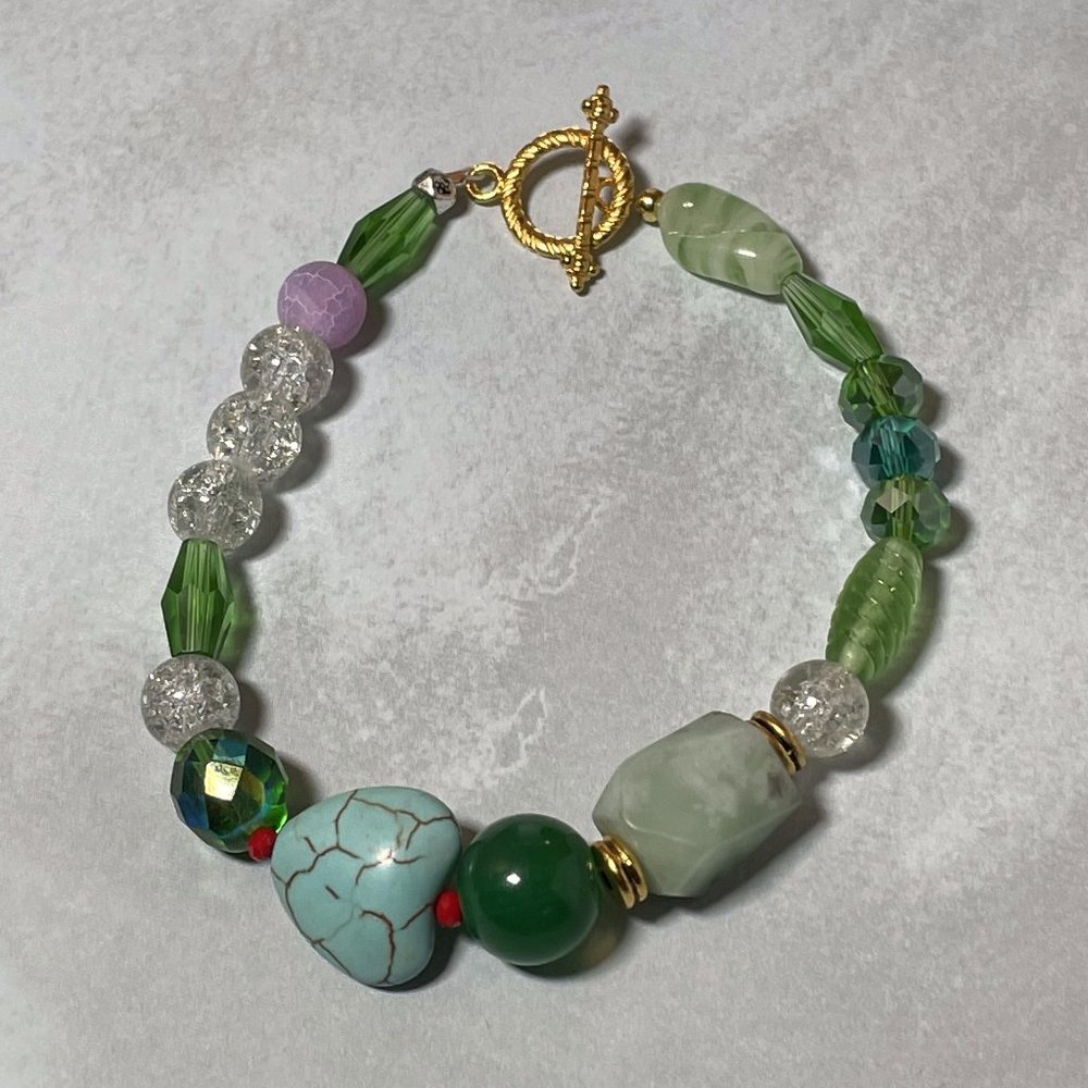 Artisan Green Tone Eclectic Mixed Beaded Bracelet 7.5” L NEW